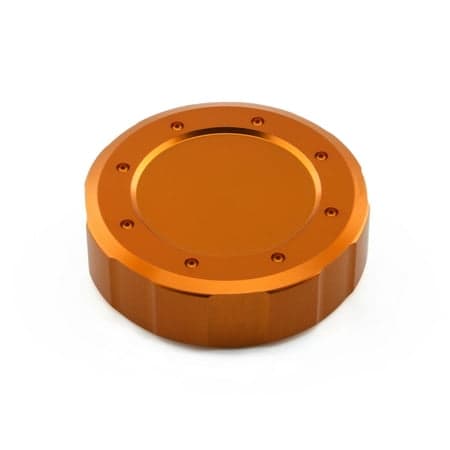 Aluminium reservoir cap in vibrant orange, measuring 61mm, featuring a smooth surface with six circular screw holes around the edge for secure attachment.