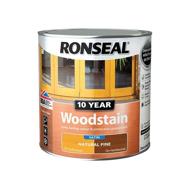 Ronseal 10 Year Woodstain in Walnut, 250ml can, features a sleek design with a silver metallic finish, showcasing the brand logo and product details prominently on the label.