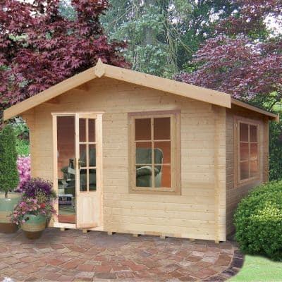 A wooden log cabin summerhouse in natural wood finish, measuring 3m x 3.6m, featuring large front windows, a double door, and a sloped roof, surrounded by greenery and decorative plants.