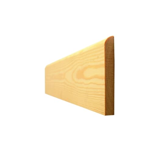 Light-colored timber skirting board with a bullnosed edge, measuring 16mm x 75mm, finished size 12mm x 69mm, showcasing a smooth, polished surface.