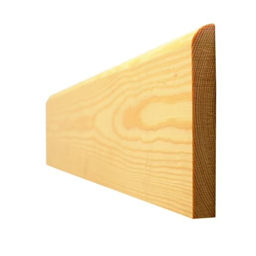 Timber skirting board with a bullnosed edge, measuring 19mm x 75mm, finished in a light wood grain with a smooth surface and rounded top edge.