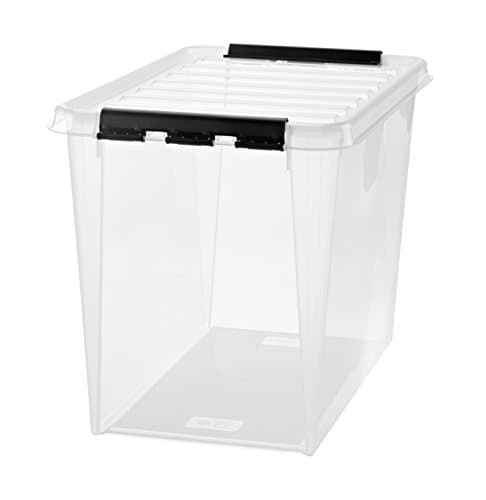 Transparent polypropylene storage box with a black lid, featuring a 65-litre capacity and a secure clip closure for easy access and organization.