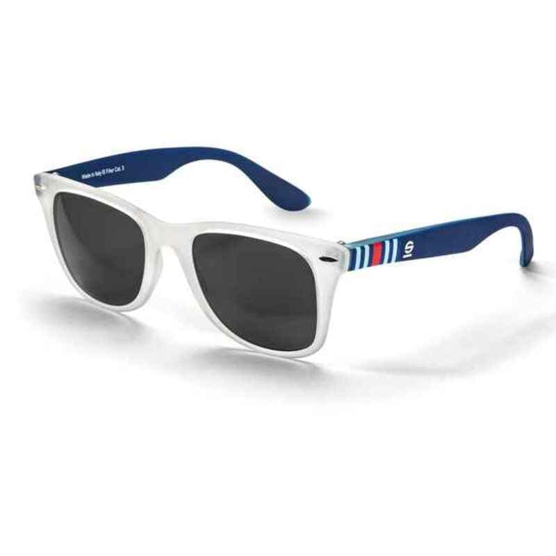 Blue and white Sparco Martini Racing sunglasses featuring a classic design, dark lenses, and striped detailing on the arms.