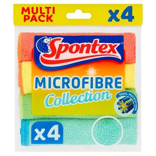 Pack of four Spontex microfibre cloths in vibrant colors: orange, yellow, green, and blue, featuring a textured surface for effective cleaning, labeled as 100% microfibre.