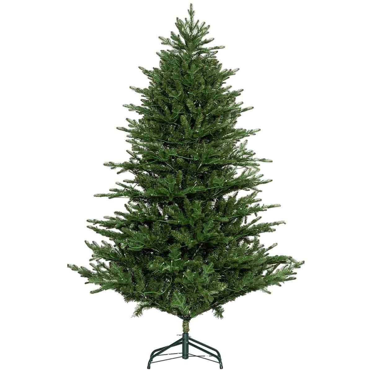 Green artificial Christmas tree standing 6ft tall, featuring multicoloured LED lights with 8 modes, supported by a sturdy metal base.