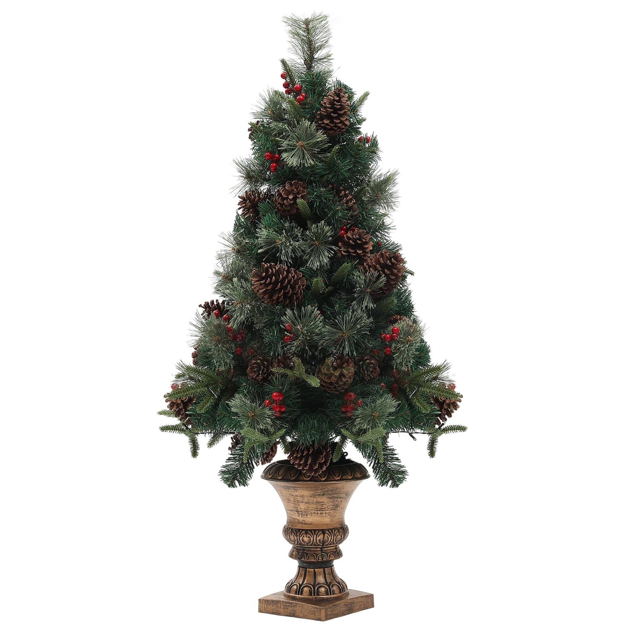 4ft artificial Christmas tree with realistic green foliage, decorated with pine cones and red berries, featuring 60 warm white LED lights, set in an ornate gold pot.