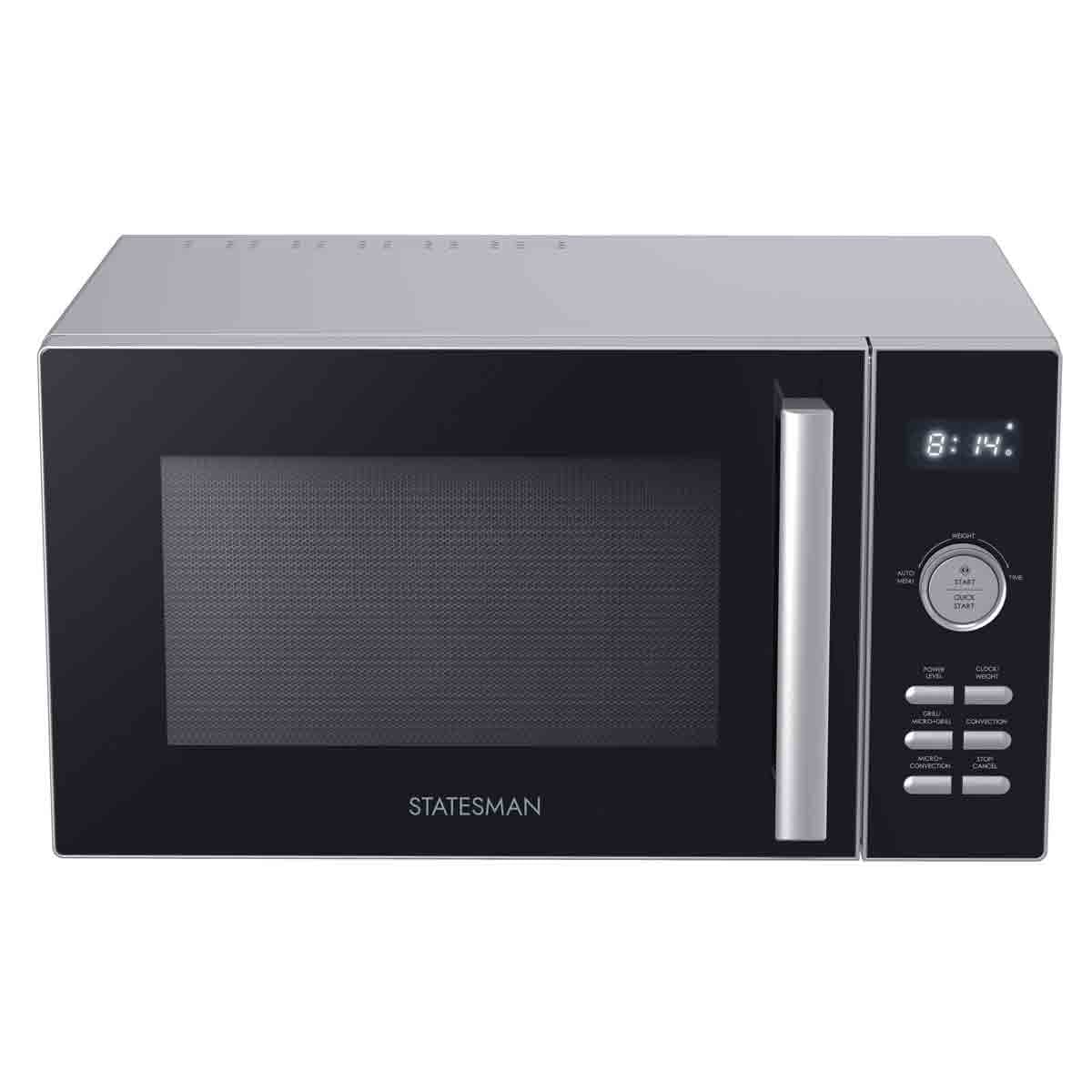 Silver 25L digital combination microwave by Statesman features a sleek design, a black glass door, a digital display, and multiple control buttons for easy operation.