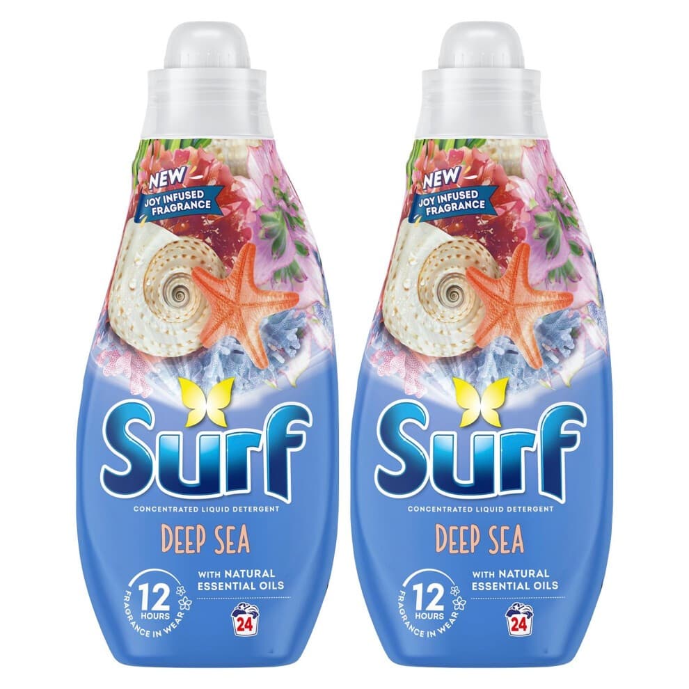 Two bottles of Surf Laundry Detergent in Deep Sea scent, each 1.30 liters, featuring a vibrant blue design with floral and marine imagery, and a starfish on the label.