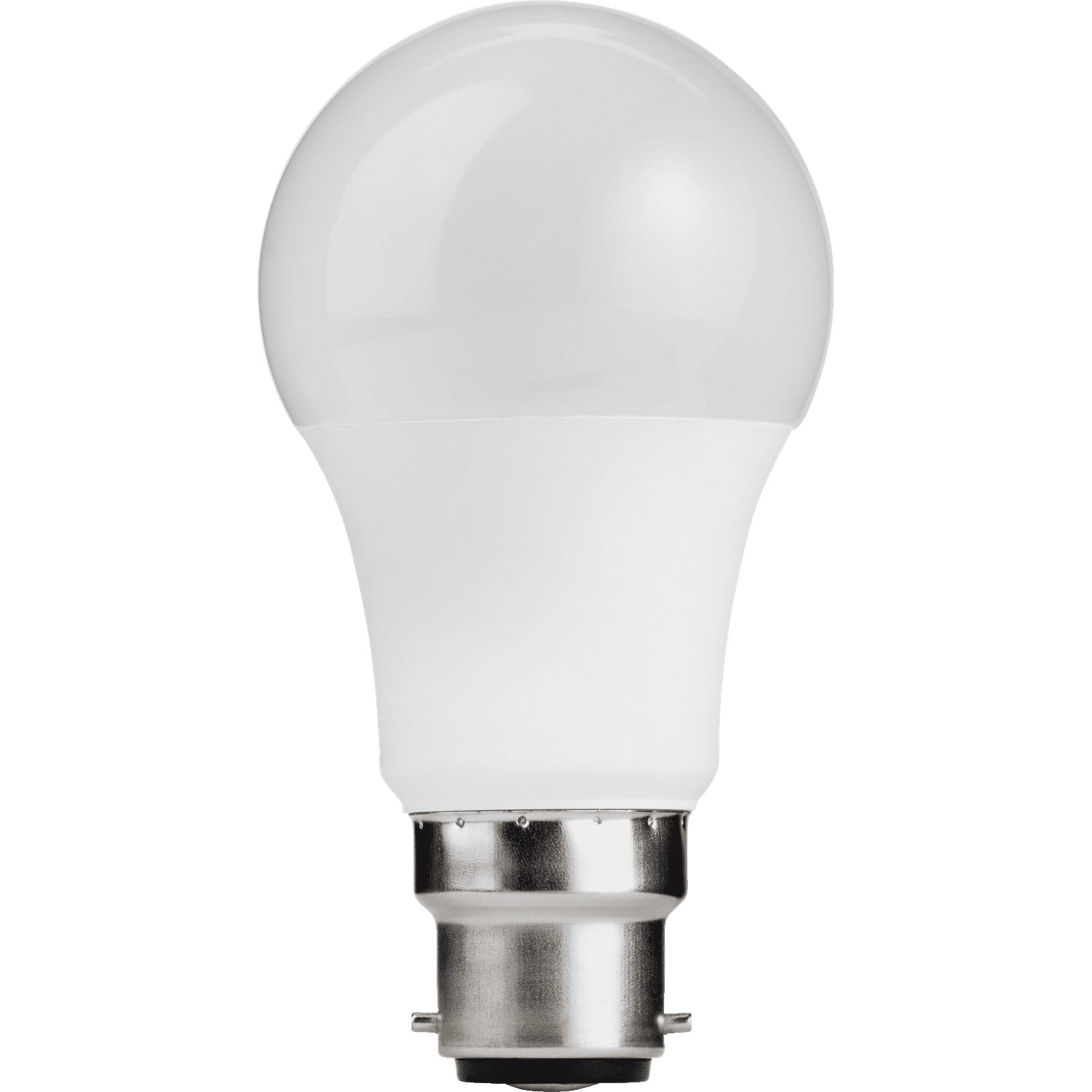 TCP LED Classic 5.5W BC bulb features a smooth, white glass dome with a silver base, designed to emit warm light, packaged in a two-pack.