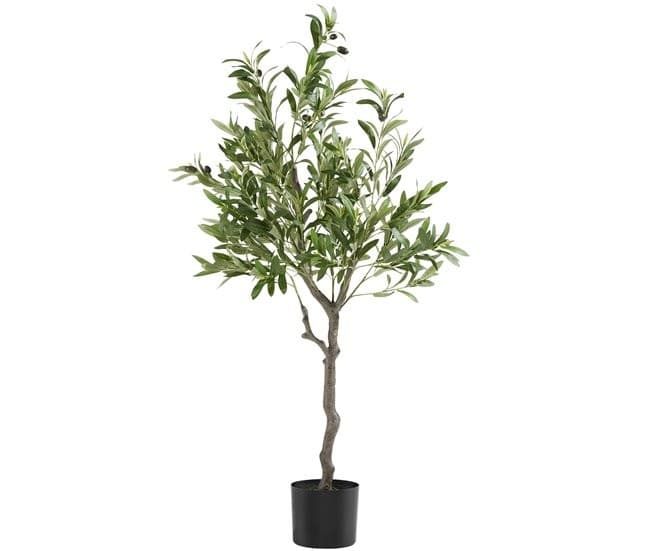 A 120 cm artificial olive tree with lush green leaves and realistic detailing, set in a simple black pot, featuring a textured brown trunk for a natural look.