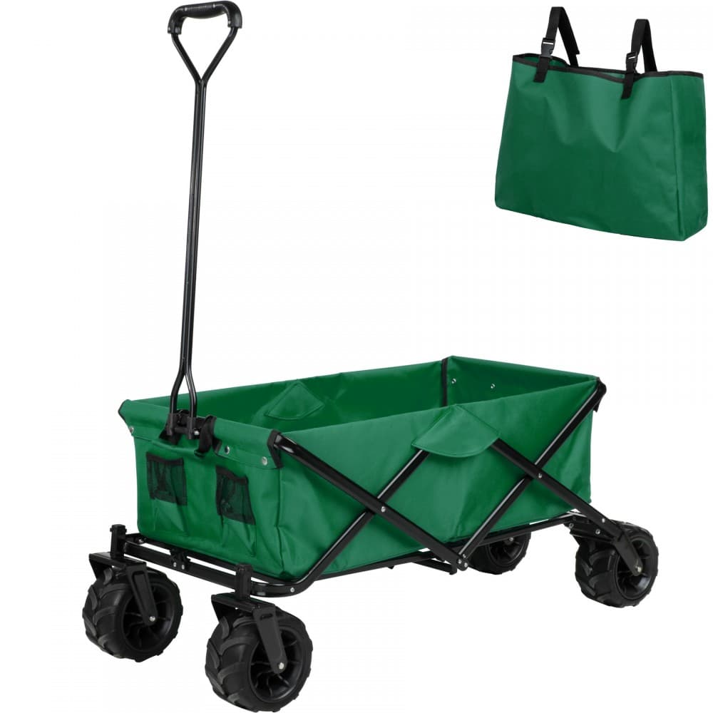 Foldable green garden trolley with wide black tires, sturdy metal frame, and a handle for easy maneuvering, includes a matching green tote bag.