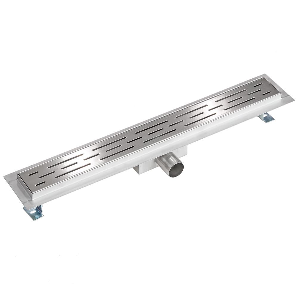 Stainless steel channel drain measuring 60 cm, featuring a sleek design with slotted openings for efficient water drainage and adjustable mounting brackets on each side.