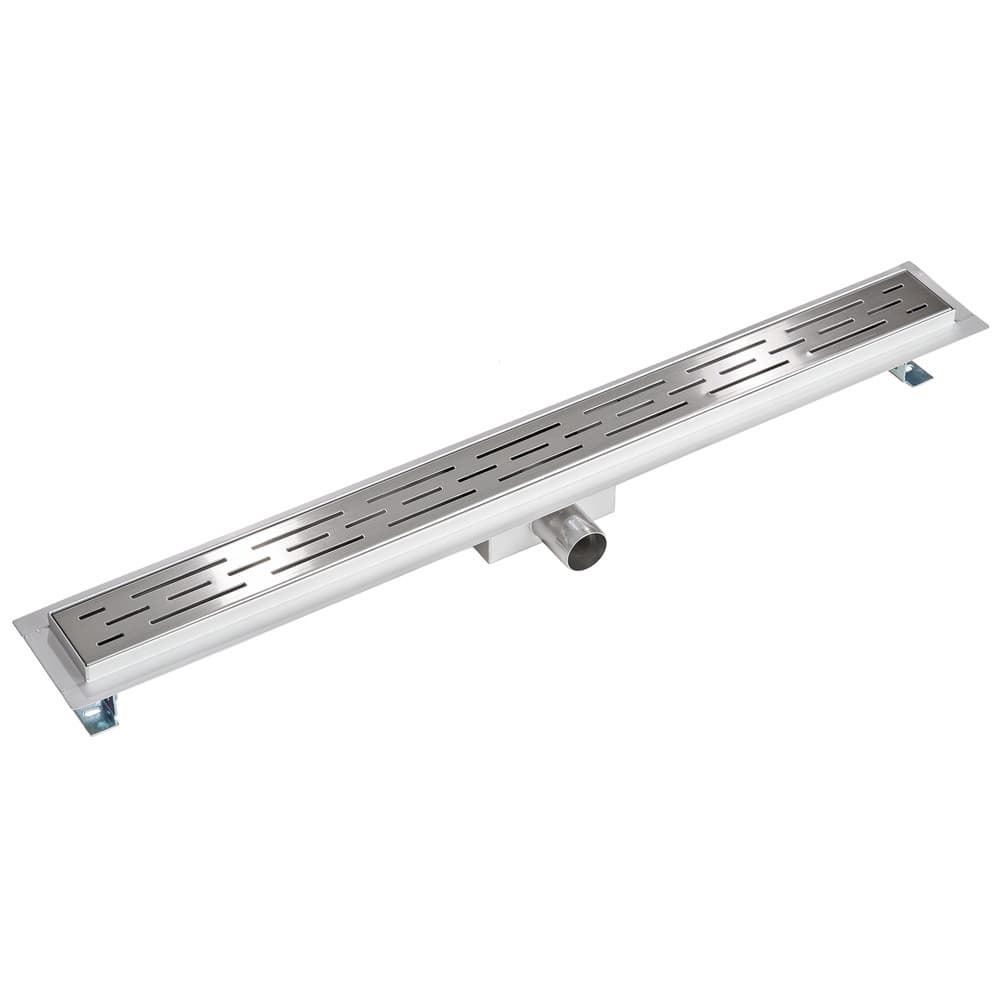 Stainless steel channel drain measuring 80 cm, featuring a slotted design for efficient water flow and a central outlet for drainage.
