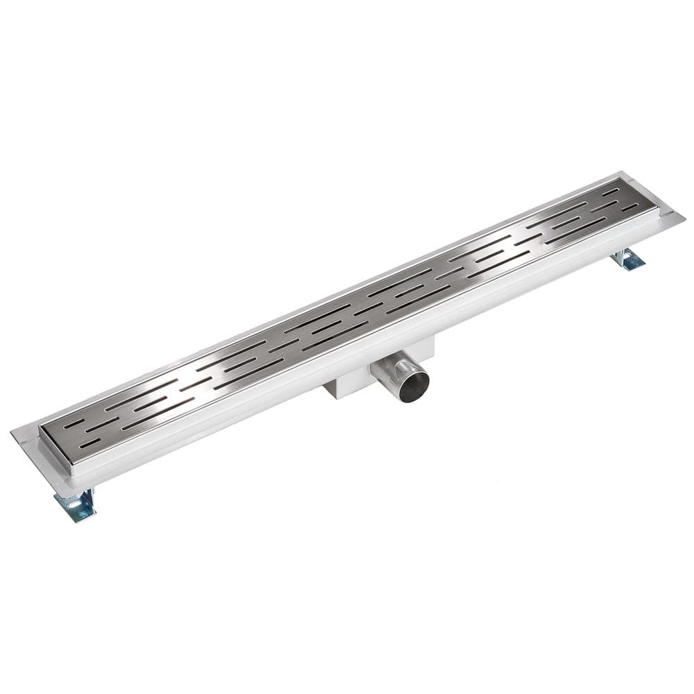 Stainless steel channel drain measuring 70 cm, featuring a slotted design for efficient water flow, with mounting brackets on the sides for secure installation.