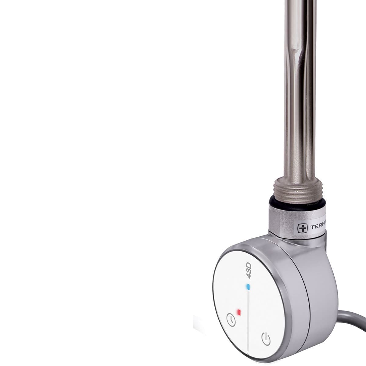 Silver Terma 43D fixed temperature heating element with a sleek design, featuring a circular control panel and a sturdy metal rod, ideal for efficient heating.