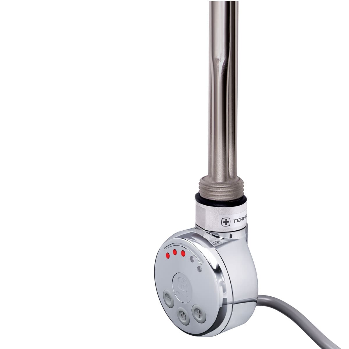 Chrome thermostatic heating element with a sleek design, featuring a round control unit with three buttons and indicator lights, attached to a metallic heating rod.
