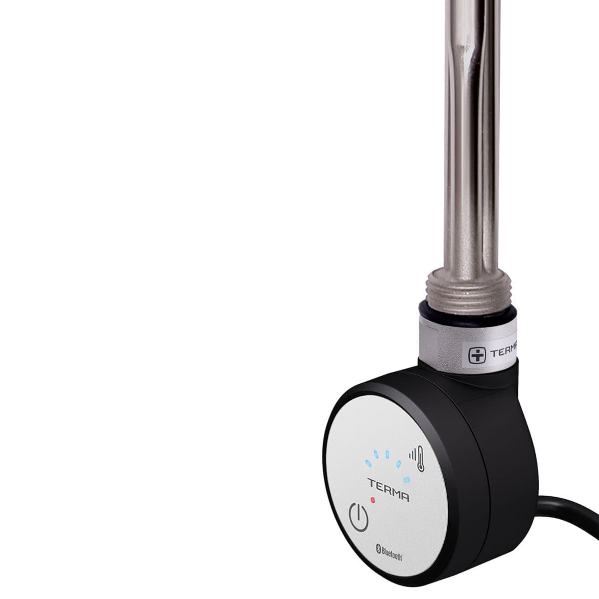 Black thermostatic heating element with a sleek design, featuring a circular control panel, Bluetooth connectivity, and a stainless steel heating rod.