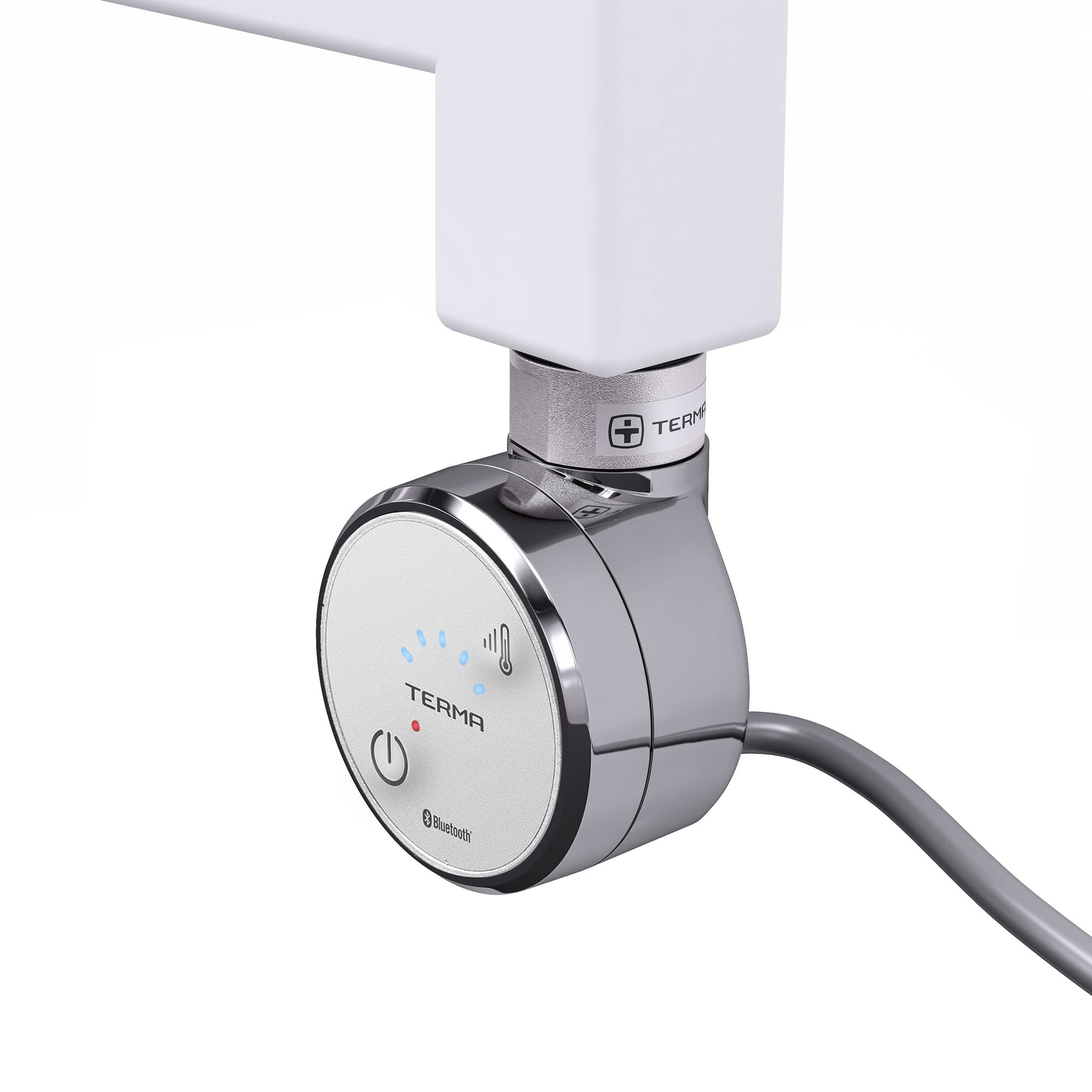 Chrome thermostat with a circular design, featuring a blue LED temperature indicator and control dial, connected to a white heating element.
