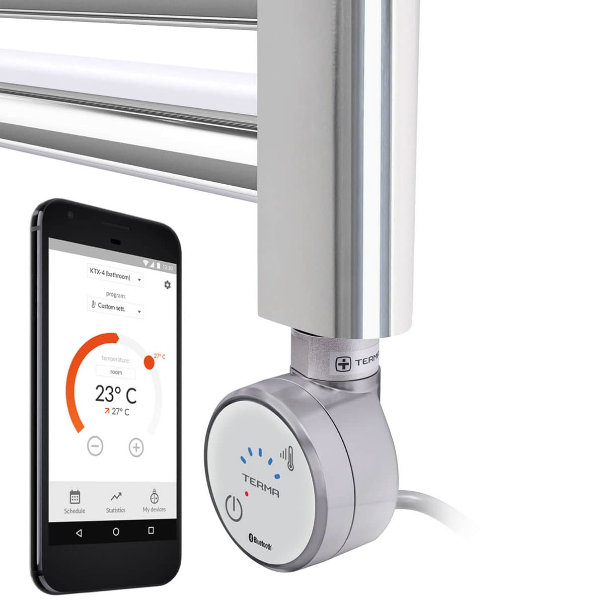 Silver Terma MOA Bluetooth heating element featuring a sleek, polished design, with a thermostatic control knob and a smartphone displaying temperature settings.