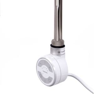 Thermostatic heating element in stainless steel with a white control unit featuring buttons for temperature adjustment, designed for ½" BSP connections, 1000W power.
