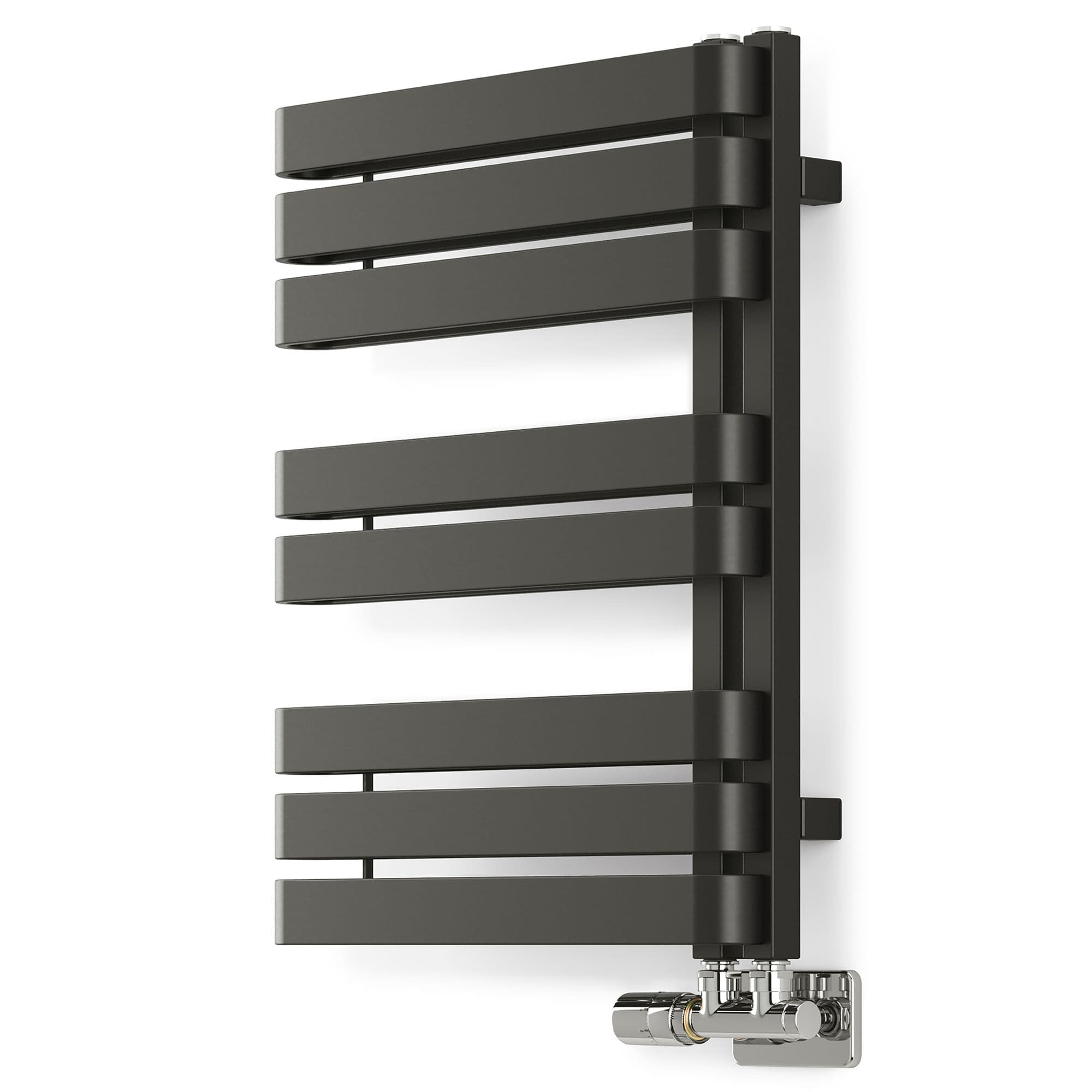 Sleek black flat towel warmer with horizontal slats, measuring 500mm wide by 655mm high, featuring a polished chrome valve connection.