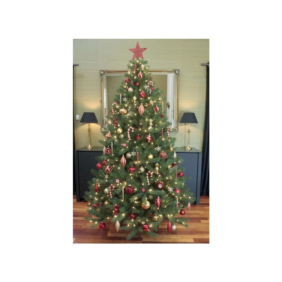 A beautifully decorated 8ft Christmas tree featuring a 212-piece red and white bauble set, with shiny ornaments, a star topper, and warm white lights.