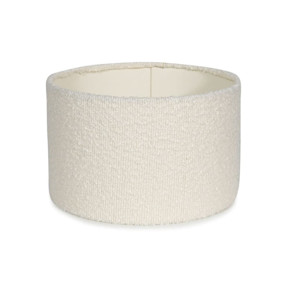 Small cream boucle drum ceiling lamp shade with a textured fabric finish, featuring a simple, modern design suitable for various decor styles.