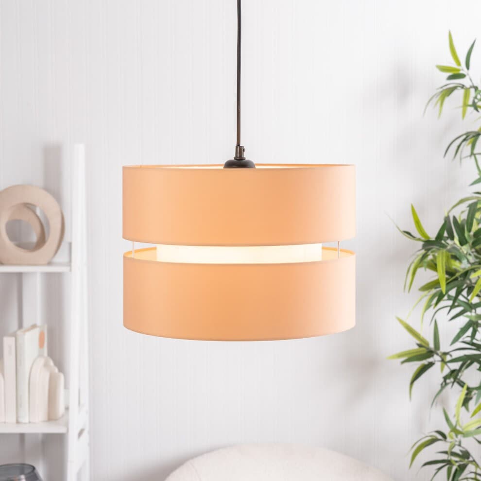 Large 35cm drum pendant light shade in camel fabric with a white inner layer, suspended from a black cord, featuring a modern tiered design.