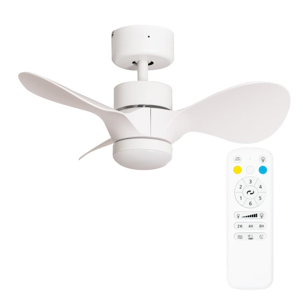 Matte white 24" ceiling fan with three sleek blades and a remote control, featuring a modern design suitable for various indoor spaces.