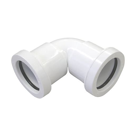 White 90° knuckle bend pipe fitting made of durable plastic, featuring two smooth ends with rubber seals for secure connections, designed for 32mm waste systems.