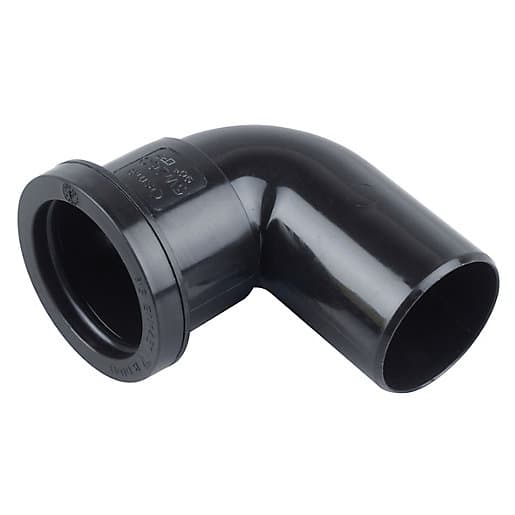 Black 90-degree push fit spigot bend made of durable plastic, with a 40mm diameter opening for seamless plumbing connections.