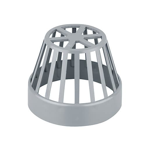 Grey 110mm balloon grating made of durable plastic, featuring a cylindrical shape with vertical slats and a wide base for effective drainage and debris protection.