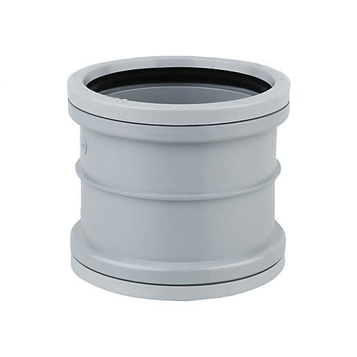 Grey double socket slip coupler made of durable plastic, measuring 110mm in diameter, featuring a smooth finish and rubber sealing for secure connections.