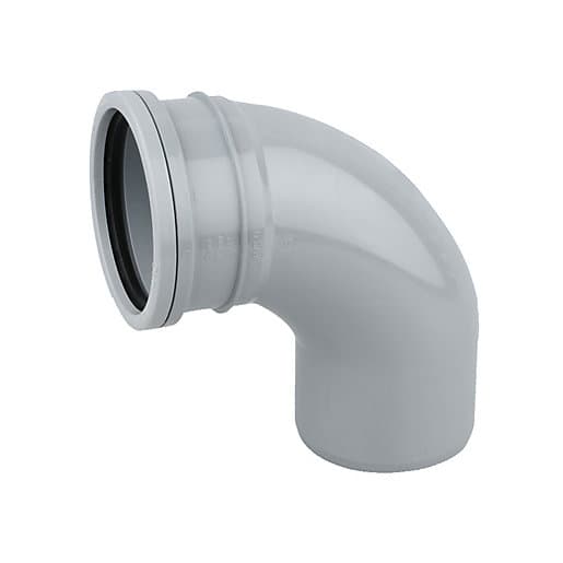 90° seal soil bend in grey, made from durable plastic, features a smooth curved design with a 110mm diameter and a rubber seal for secure connections.