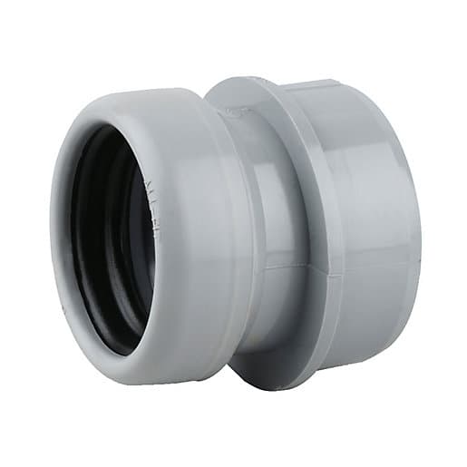 Grey 40mm socket adaptor made of durable plastic, featuring a smooth exterior, ribbed inner edge, and a tapered design for secure fitting in plumbing applications.