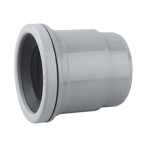 Grey 50mm single socket boss adaptor made of durable plastic, featuring a smooth exterior and rubber seal for a secure fit.