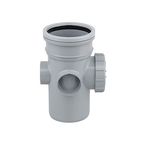 Grey 110mm access pipe with a single socket and bossed side outlet, made of durable plastic, featuring a smooth finish and a threaded cap for secure sealing.