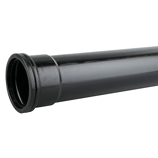 Black 110mm soil pipe made of durable plastic, measuring 2 meters in length, featuring a smooth surface and a socketed end for easy connection.