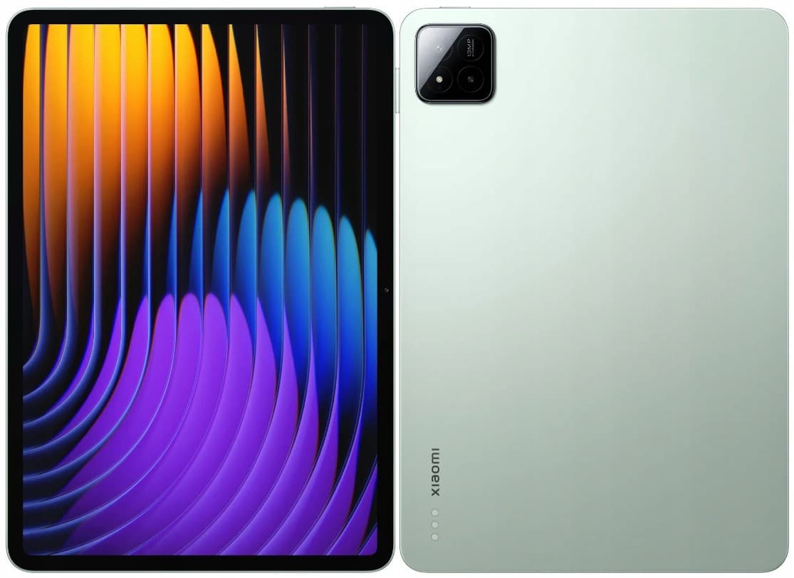 Xiaomi Pad 7 in green with a sleek glass back and a vibrant display featuring colorful wave patterns, showcasing its 8GB RAM and 256GB storage capacity.