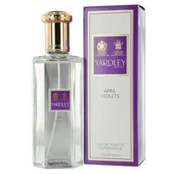 Clear glass bottle with a gold cap, featuring a purple label with "Yardley" and "April Violets" text, alongside a matching purple and white box.