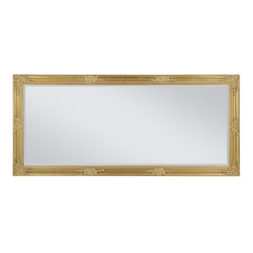 Decorative full-length mirror in metallic gold, measuring 74x163cm, featuring an ornate frame with intricate detailing around the edges.