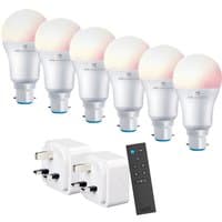 Smart lighting kit with 6 white B22 bayonet bulbs, two plug adapters, and a black remote control.