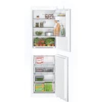 White Bosch built-in fridge freezer with frost-free technology, multiple shelves, and transparent drawers.