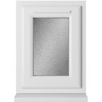 White uPVC window, double glazed, top hung, 440mm x 610mm, with obscure glass and textured pane.