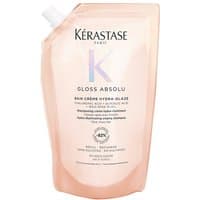 Peach-colored Kérastase Gloss Absolu Bain Crème Hydra-Glaze refill pouch, 500ml, with black text and logo.