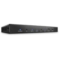 Black Lindy 4 Port HDMI 18G Splitter with LED indicators and labeled input-output ports on the front panel.