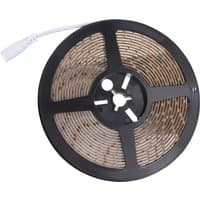 Black reel with warm white LED tape strip, splash-proof, 5m length, by LR Technology, with white connector cable.