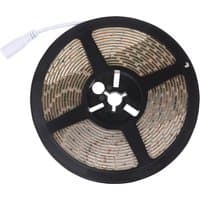 Black reel of white LED tape strip light with splash-proof coating and connector, 5 meters long.