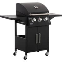 Black Outsunny 3 burner gas BBQ grill with warming rack, storage cabinet, side shelves, and wheels for portability.