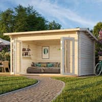 Wooden log cabin garden office with open double doors, large windows, and a flat roof, set in a lush garden.